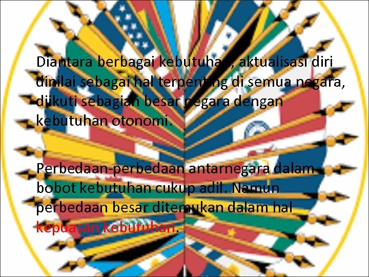 Diantara berbagai kebutuhan, aktualisasi diri dinilai sebagai hal terpenting di semua negara, diikuti sebagian