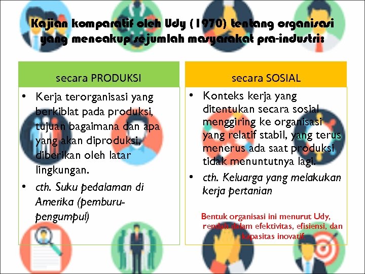 Kajian komparatif oleh Udy (1970) tentang organisasi yang mencakup sejumlah masyarakat pra-industri: secara PRODUKSI