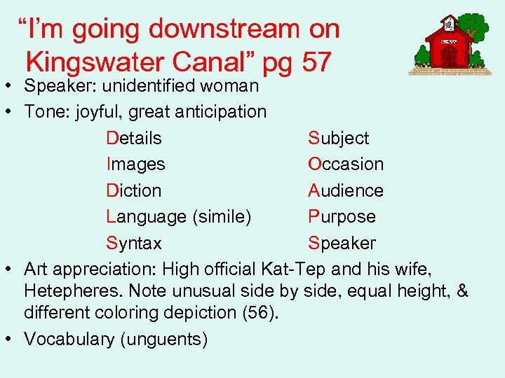 “I’m going downstream on Kingswater Canal” pg 57 • Speaker: unidentified woman • Tone: