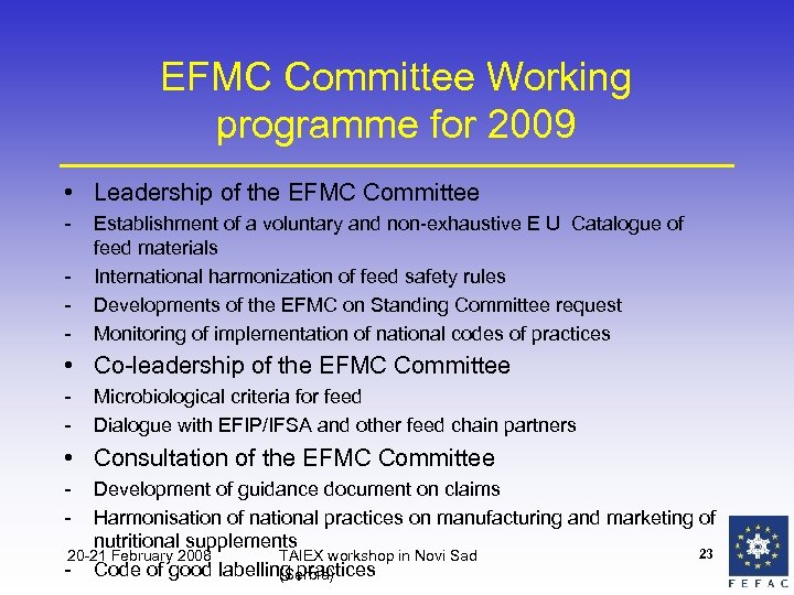 EFMC Committee Working programme for 2009 • Leadership of the EFMC Committee - Establishment