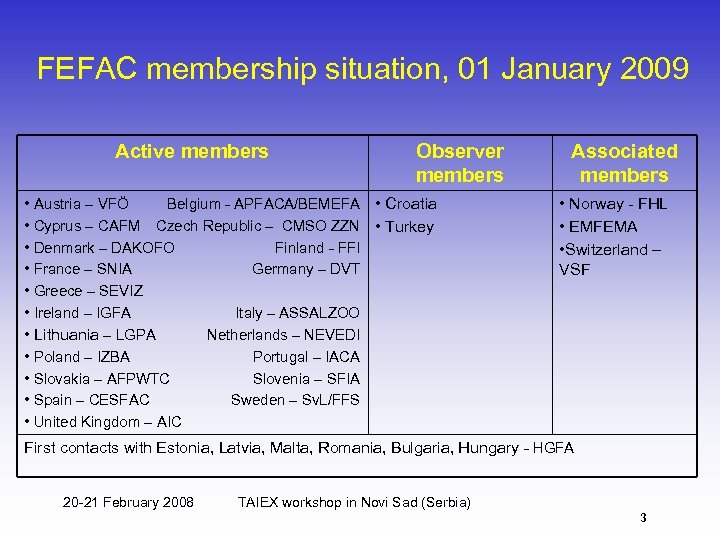 FEFAC membership situation, 01 January 2009 Active members Observer members • Austria – VFÖ