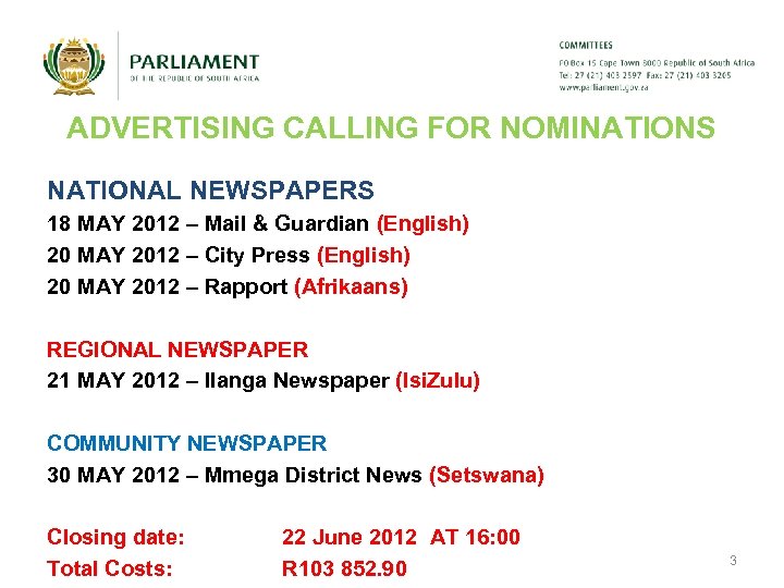 ADVERTISING CALLING FOR NOMINATIONS NATIONAL NEWSPAPERS 18 MAY 2012 – Mail & Guardian (English)