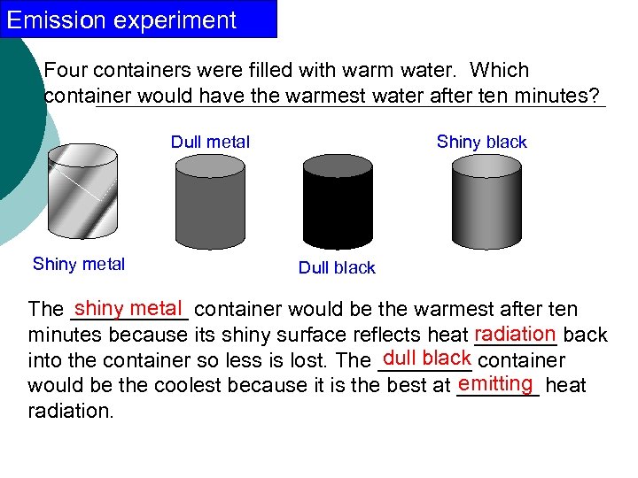Emission experiment Four containers were filled with warm water. Which container would have the