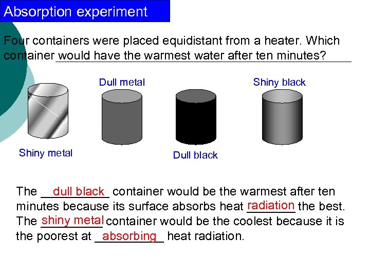Absorption experiment Four containers were placed equidistant from a heater. Which container would have