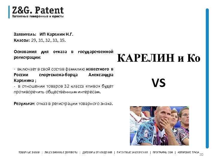Заявитель: ИП Карелин Н. Г. Классы: 29, 31, 32, 33, 35. Основания для отказа