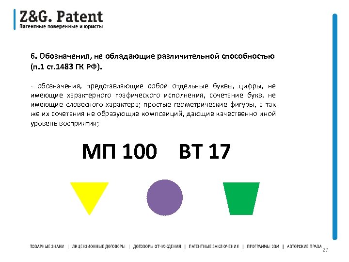6. Обозначения, не обладающие различительной способностью (п. 1 ст. 1483 ГК РФ). - обозначения,
