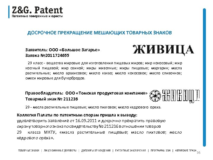 ДОСРОЧНОЕ ПРЕКРАЩЕНИЕ МЕШАЮЩИХ ТОВАРНЫХ ЗНАКОВ Заявитель: ООО «Большое Загарье» Заявка № 2011724655 29 класс