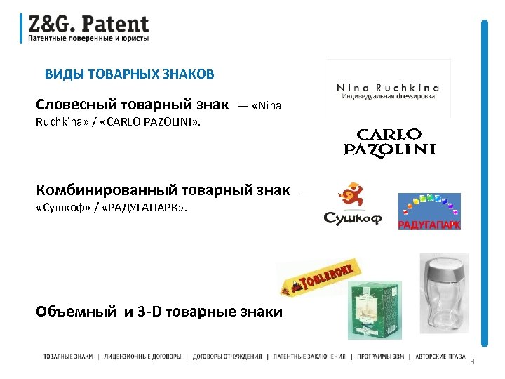  ВИДЫ ТОВАРНЫХ ЗНАКОВ Словесный товарный знак — «Nina Ruchkina» / «CARLO PAZOLINI» .