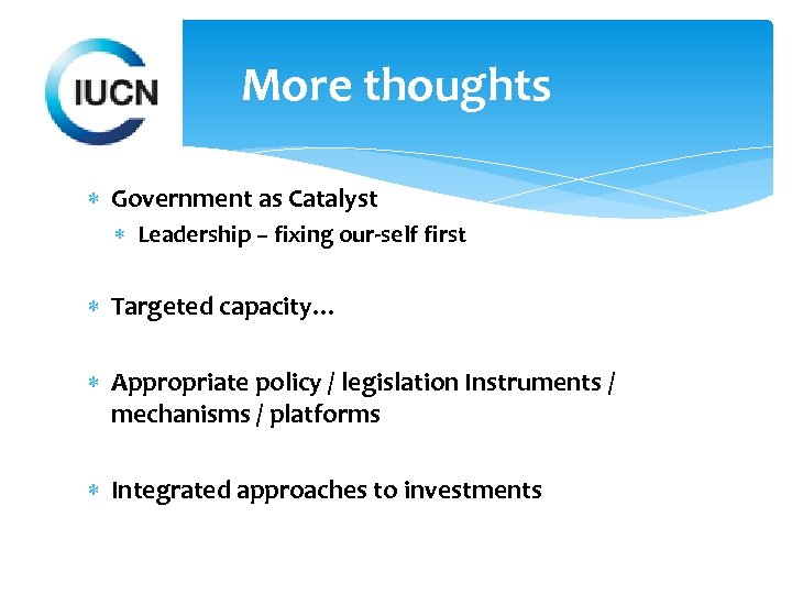 More thoughts Government as Catalyst Leadership – fixing our-self first Targeted capacity… Appropriate policy
