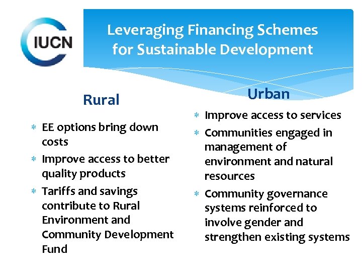 Leveraging Financing Schemes for Sustainable Development Rural EE options bring down costs Improve access