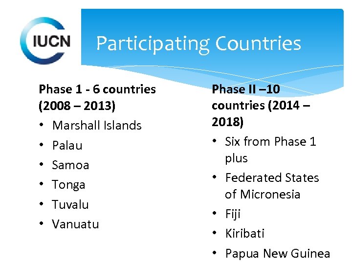 Participating Countries Phase 1 - 6 countries (2008 – 2013) • Marshall Islands •