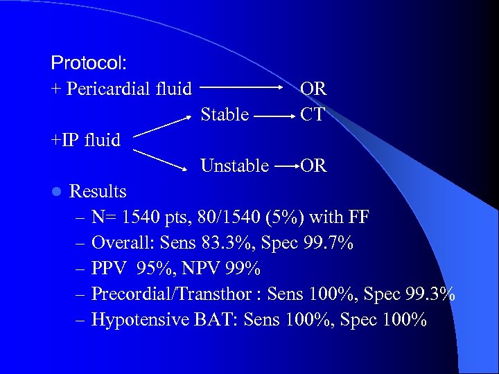 Protocol: + Pericardial fluid Stable OR CT Unstable OR +IP fluid l Results –