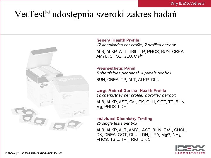 Why IDEXX Vet. Test? Vet. Test® udostępnia szeroki zakres badań General Health Profile 12