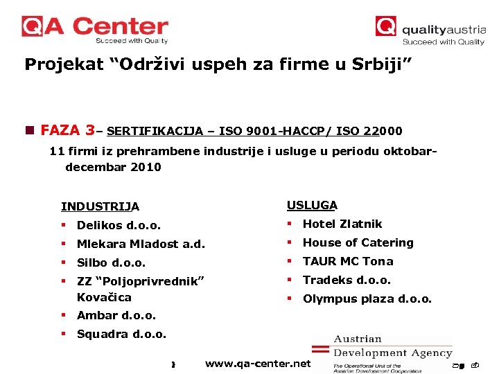 Projekat “Održivi uspeh za firme u Srbiji” n FAZA 3 – SERTIFIKACIJA – ISO