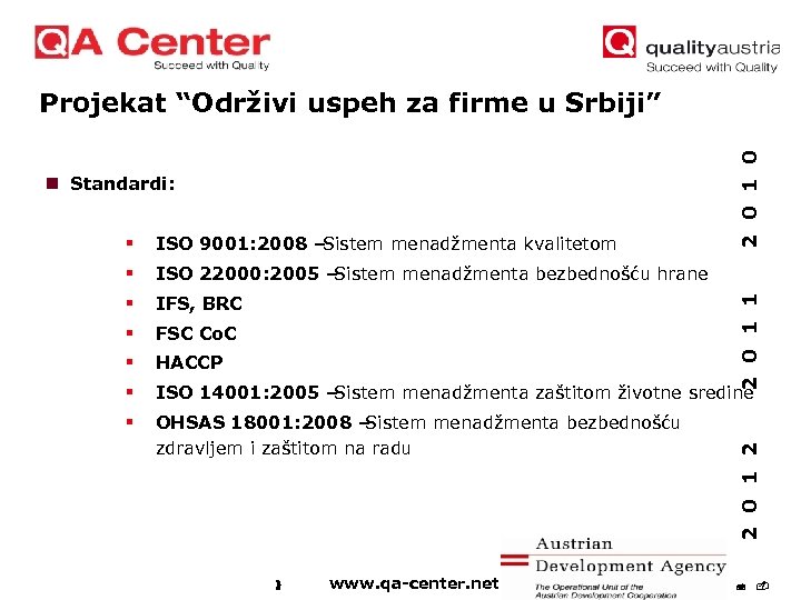 2 0 1 0 Projekat “Održivi uspeh za firme u Srbiji” n Standardi: ISO