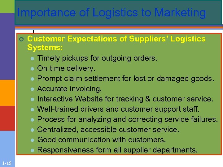 Importance of Logistics to Marketing ¢ 1 -15 Customer Expectations of Suppliers’ Logistics Systems: