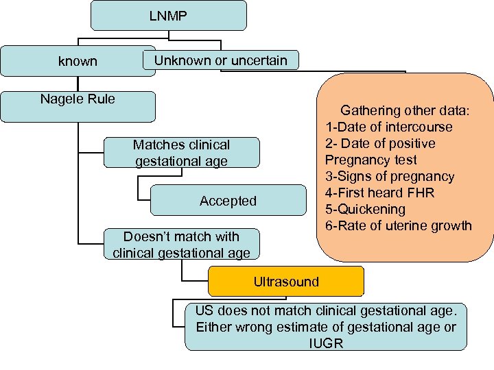 LNMP Unknown or uncertain known Nagele Rule Matches clinical gestational age Accepted Doesn’t match