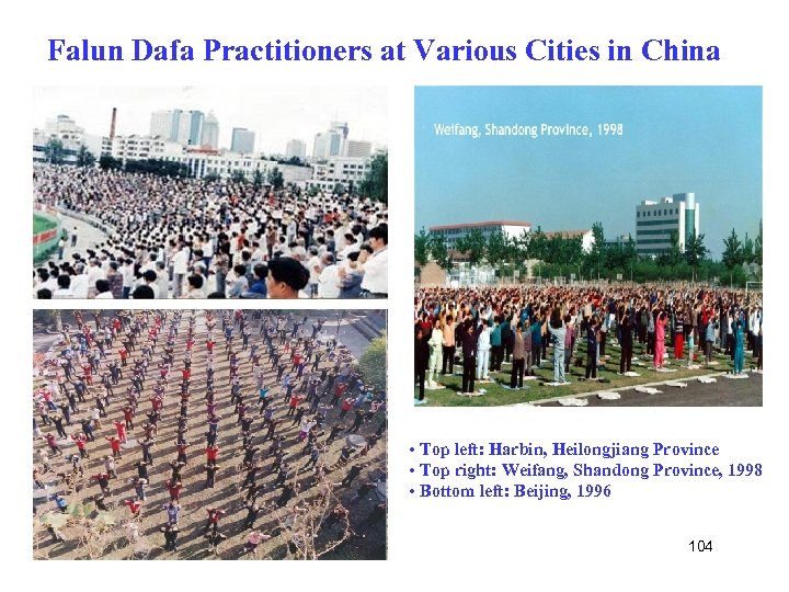 Falun Dafa Practitioners at Various Cities in China • Top left: Harbin, Heilongjiang Province