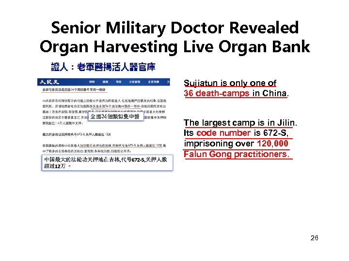 Senior Military Doctor Revealed Organ Harvesting Live Organ Bank Sujiatun is only one of
