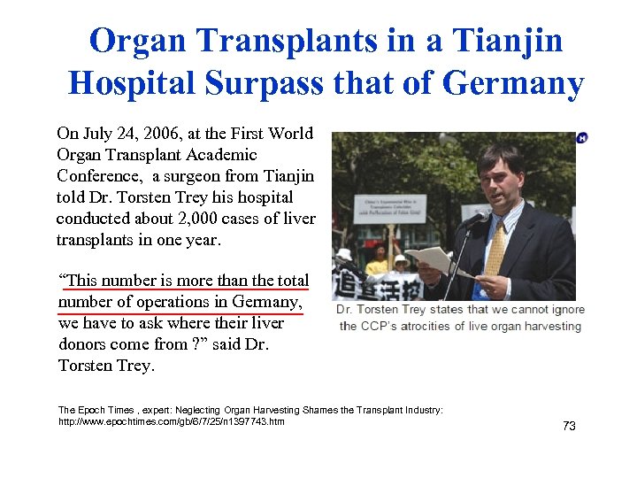 Organ Transplants in a Tianjin Hospital Surpass that of Germany On July 24, 2006,