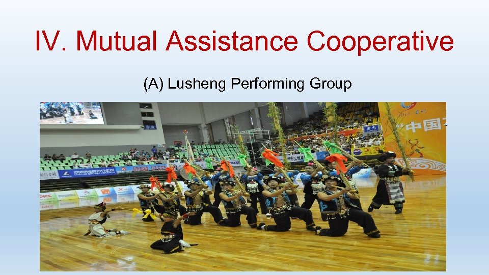 IV. Mutual Assistance Cooperative (A) Lusheng Performing Group • 共济合作社分为芦笙表演组、民族手 艺组、农业经营组和电子 商务组，社员选举村主任杨秀明兼任合作社理事长； • 股权结构为“