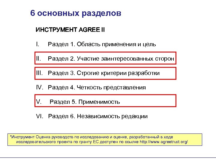 6 основных разделов ИНСТРУМЕНТ AGREE II I. Раздел 1. Область применения и цель II.