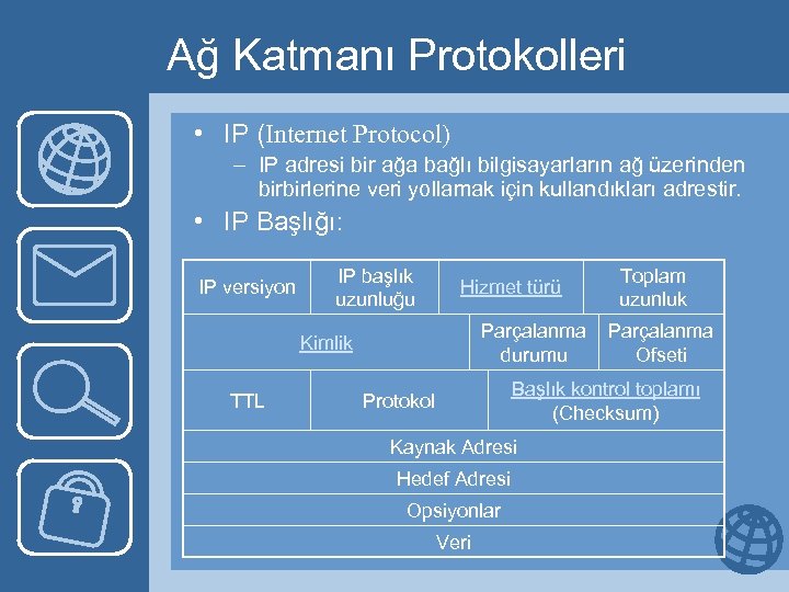 Ağ Katmanı Protokolleri • IP (Internet Protocol) – IP adresi bir ağa bağlı bilgisayarların