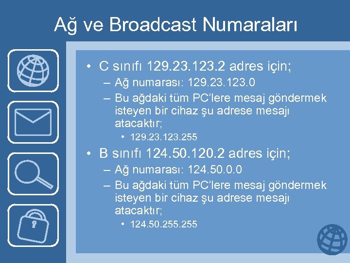 Ağ ve Broadcast Numaraları • C sınıfı 129. 23. 123. 2 adres için; –