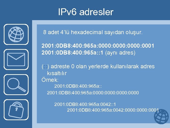 IPv 6 adresler 8 adet 4’lü hexadecimal sayıdan oluşur. 2001: 0 DB 8: 400:
