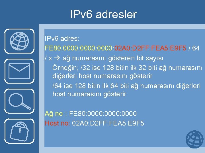IPv 6 adresler IPv 6 adres: FE 80: 0000: 02 A 0: D 2