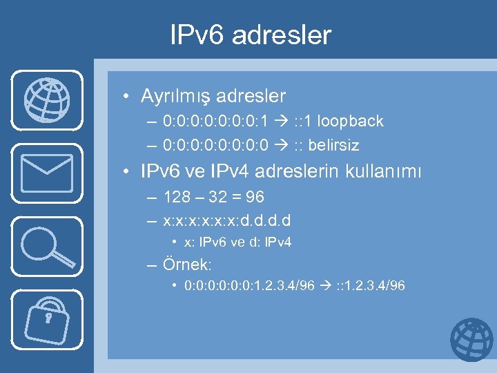 IPv 6 adresler • Ayrılmış adresler – 0: 0: 1 : : 1 loopback