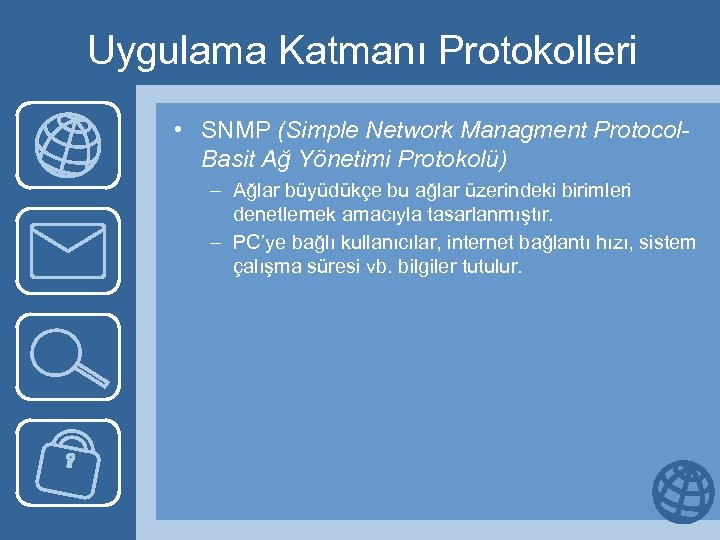 Uygulama Katmanı Protokolleri • SNMP (Simple Network Managment Protocol. Basit Ağ Yönetimi Protokolü) –