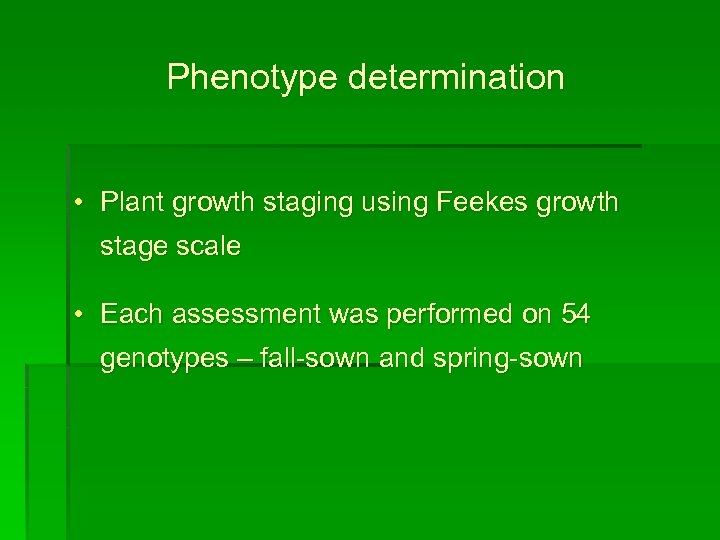 Phenotype determination • Plant growth staging using Feekes growth stage scale • Each assessment