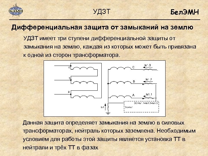 УДЗТ Бел. ЭМН Дифференциальная защита от замыканий на землю УДЗТ имеет три ступени дифференциальной