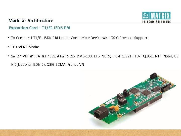 Modular Architecture Expansion Card – T 1/E 1 ISDN PRI • To Connect 1