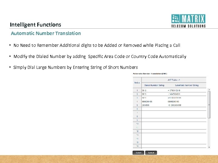 Intelligent Functions Automatic Number Translation • No Need to Remember Additional digits to be