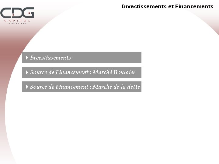 Investissements et Financements 4 Investissements 4 Source de Financement : Marché Boursier 4 Source