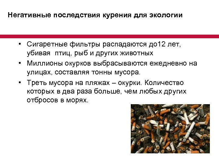 Негативные последствия курения для экологии • Сигаретные фильтры распадаются до 12 лет, убивая птиц,
