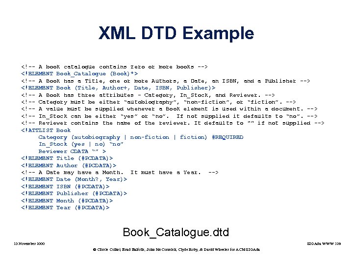 XML DTD Example <!-- A book catalogue contains zero or more books --> <!ELEMENT