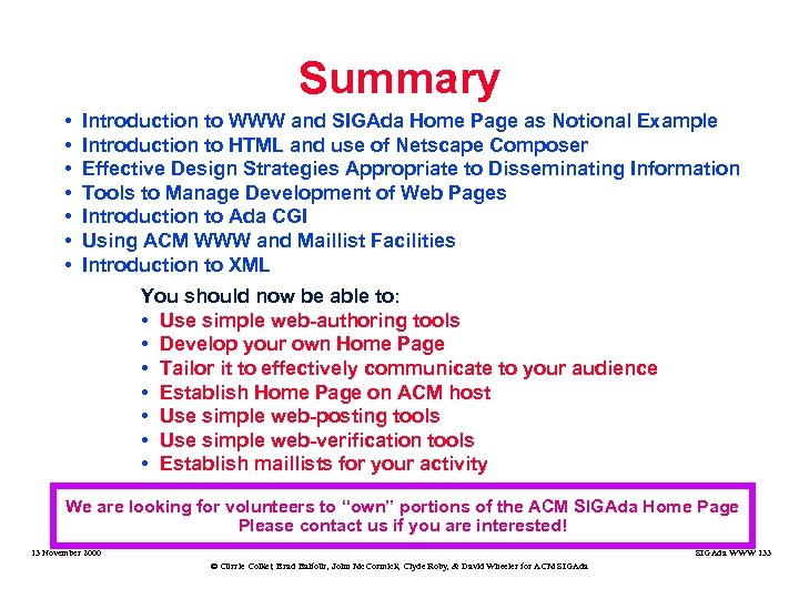 Summary • • Introduction to WWW and SIGAda Home Page as Notional Example Introduction