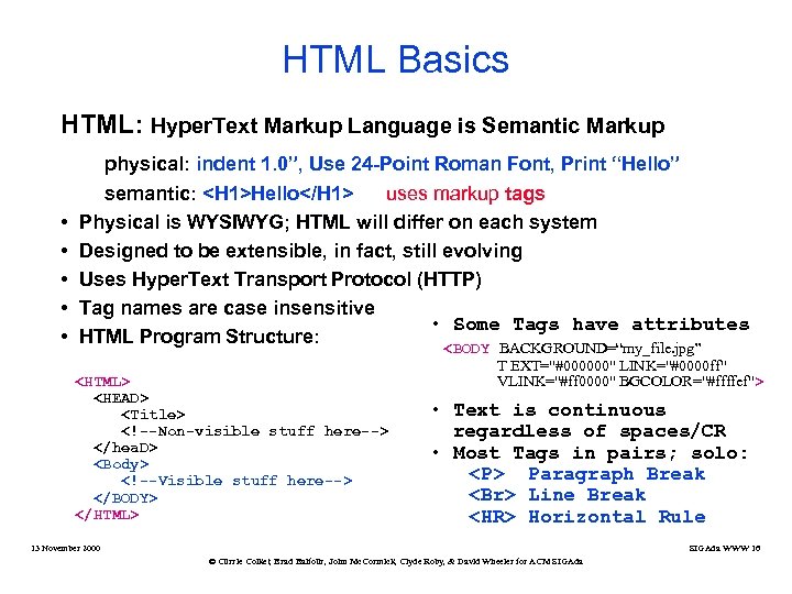 HTML Basics HTML: Hyper. Text Markup Language is Semantic Markup physical: indent 1. 0”,