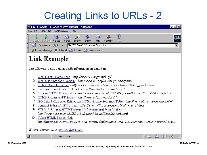 Creating Links to URLs - 2 13 November 2000 SIGAda WWW 20 © Currie