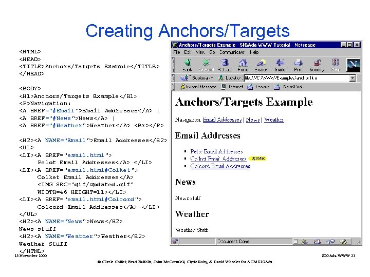 Creating Anchors/Targets <HTML> <HEAD> <TITLE>Anchors/Targets Example</TITLE> </HEAD> <BODY> <H 1>Anchors/Targets Example</H 1> <P>Navigation: <A