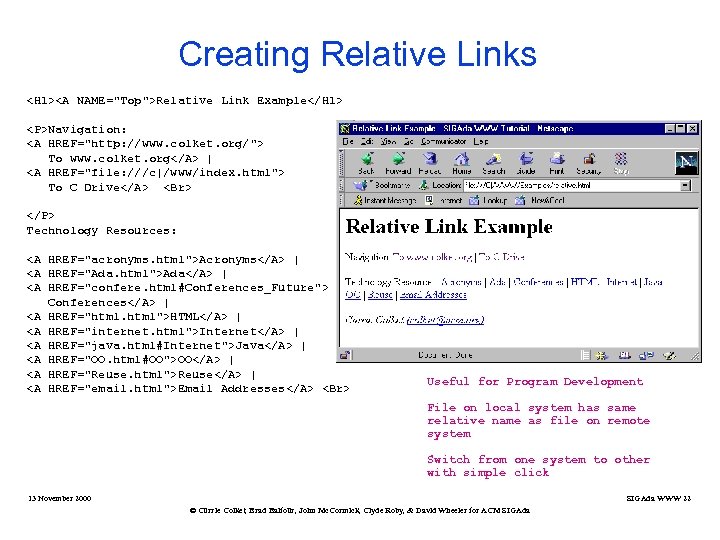 Creating Relative Links <H 1><A NAME="Top">Relative Link Example</H 1> <P>Navigation: <A HREF="http: //www. colket.