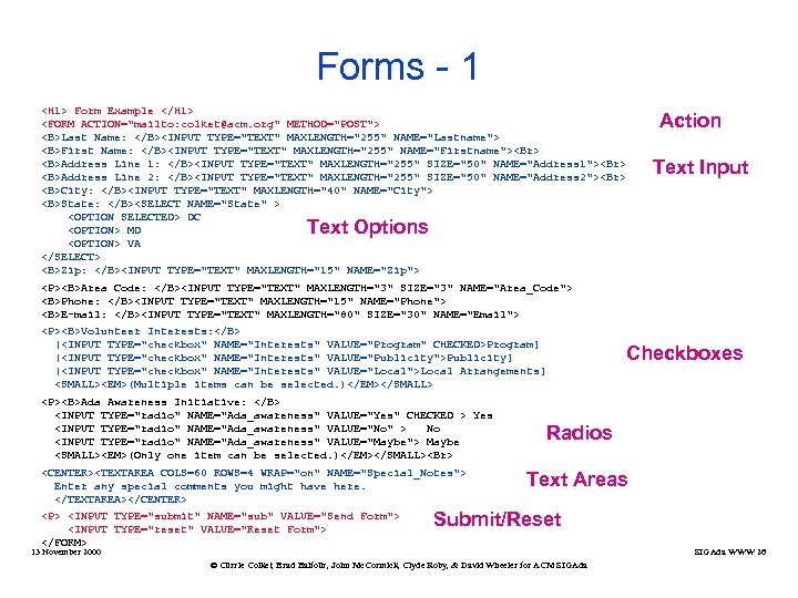 Forms - 1 <H 1> Form Example </H 1> <FORM ACTION="mailto: colket@acm. org" METHOD="POST">