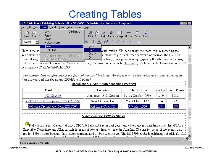 Creating Tables 13 November 2000 SIGAda WWW 31 © Currie Colket, Brad Balfour, John