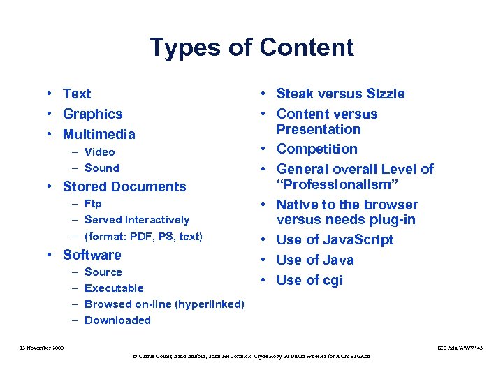 Types of Content • Text • Graphics • Multimedia – Video – Sound •