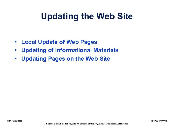 Updating the Web Site • Local Update of Web Pages • Updating of Informational