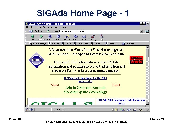 SIGAda Home Page - 1 13 November 2000 SIGAda WWW 5 © Currie Colket,