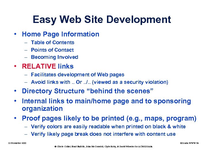 Easy Web Site Development • Home Page Information – Table of Contents – Points